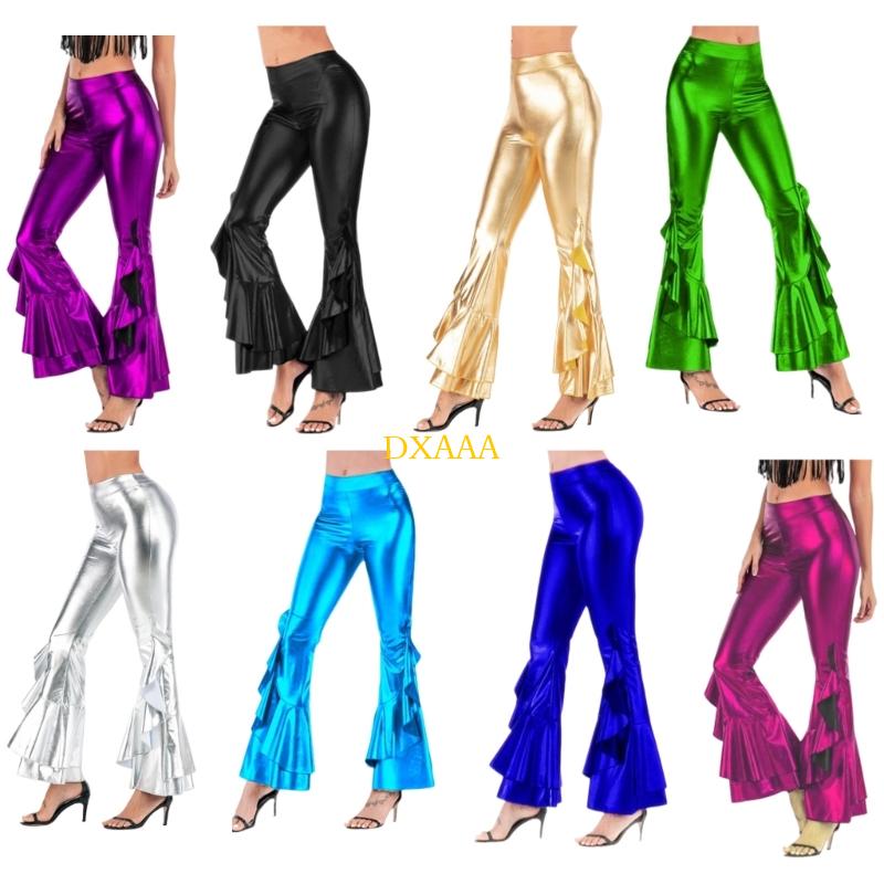 Wide Leg Trouser 70S - DXAA Women Glossy Metallic Flared Trousers
