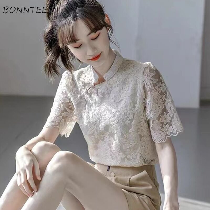 Vintage Fashion In Chinese - Lace Short-sleeve Blouses Women Leisure Temperament