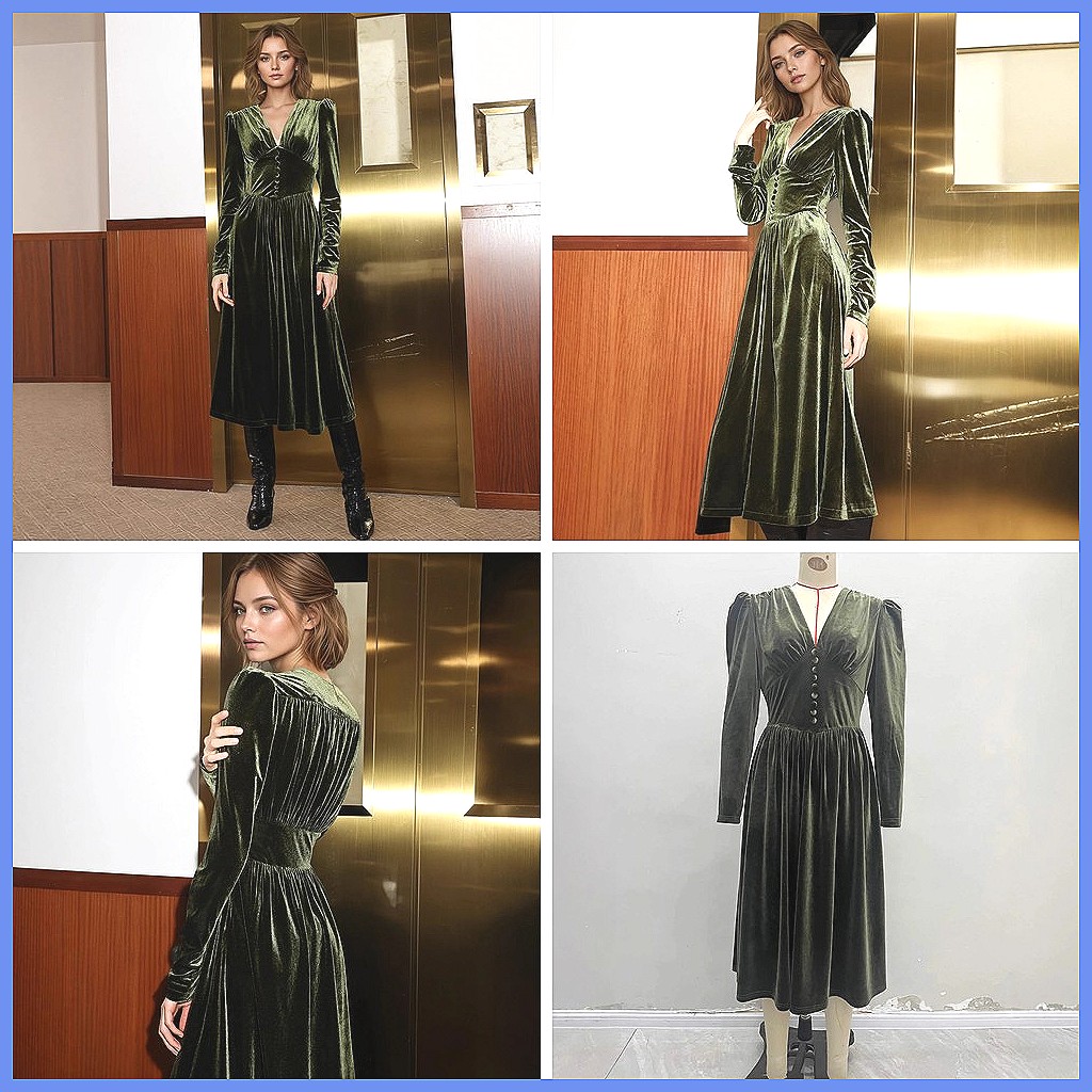 Vintage Y2K - French Vintage Green Velvet V-Neck Long
