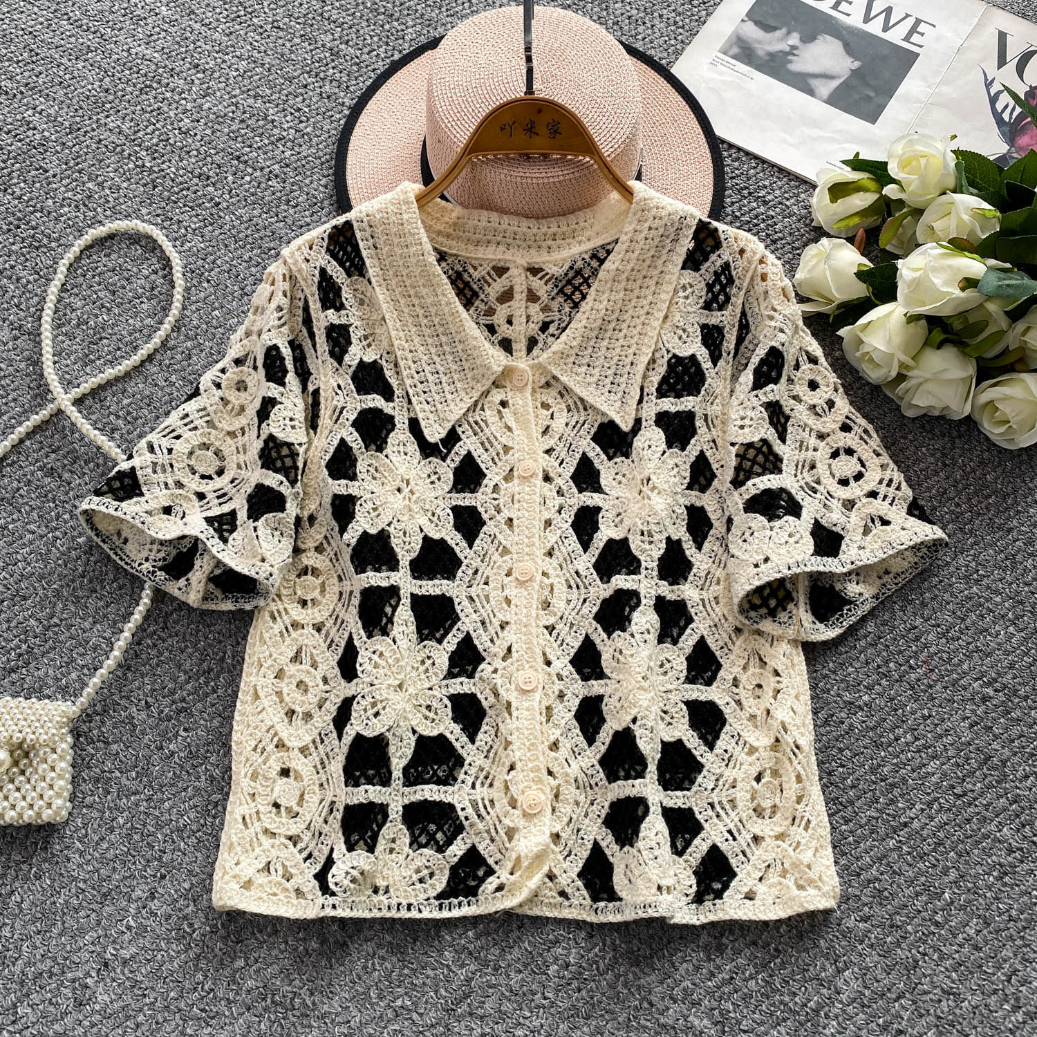 Button Up Crochet Top Short Sl - Crochet Top Boho ulasan dan harga