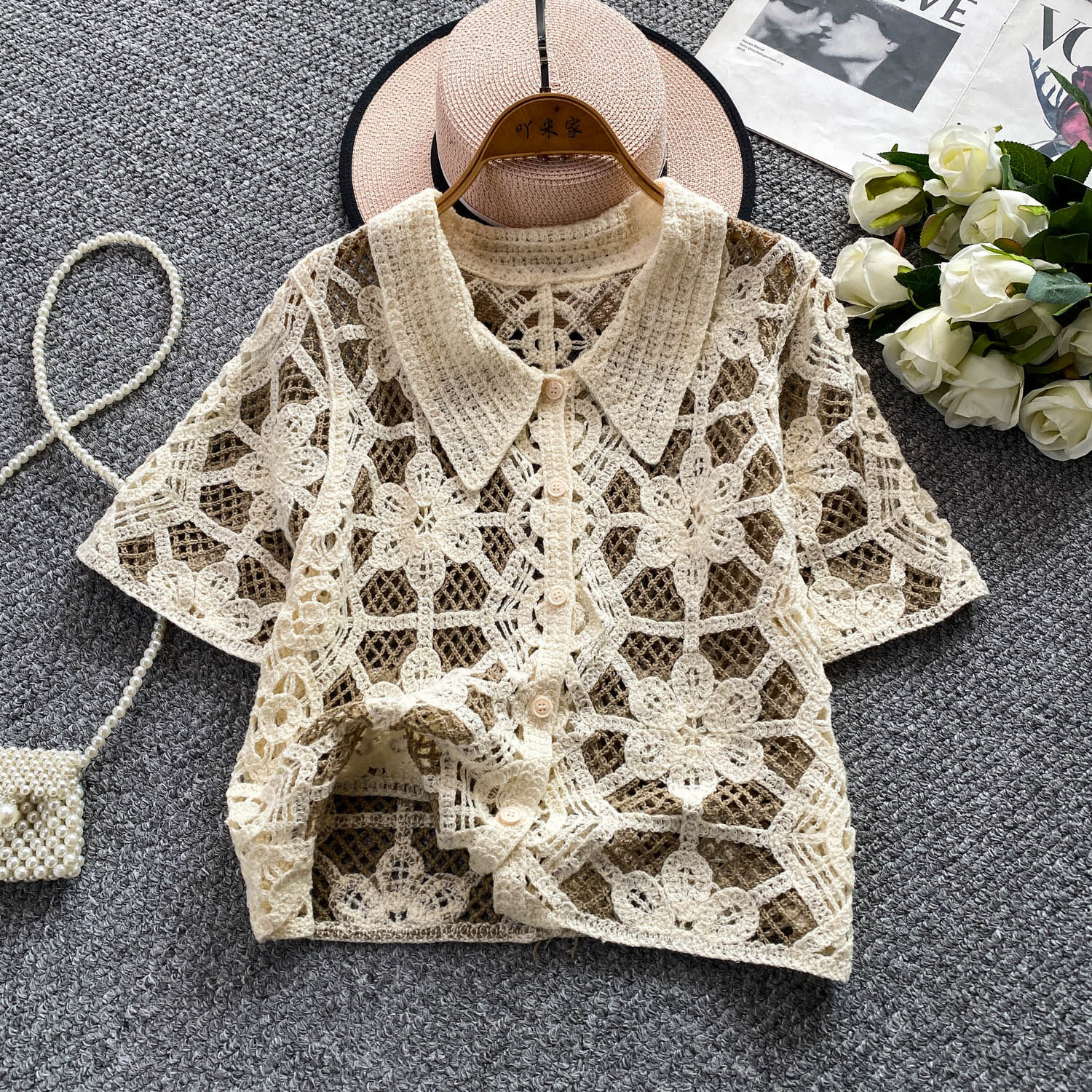 Button Up Crochet Top Short Sl - Crochet Top Boho ulasan dan harga