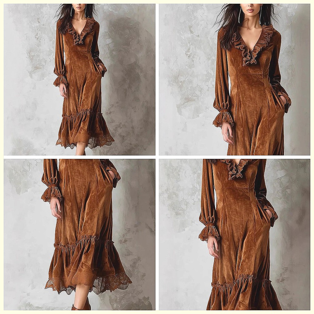 Vintage Velvet Maxi Dress V-Ne - Vintage Y2K ulasan dan harga