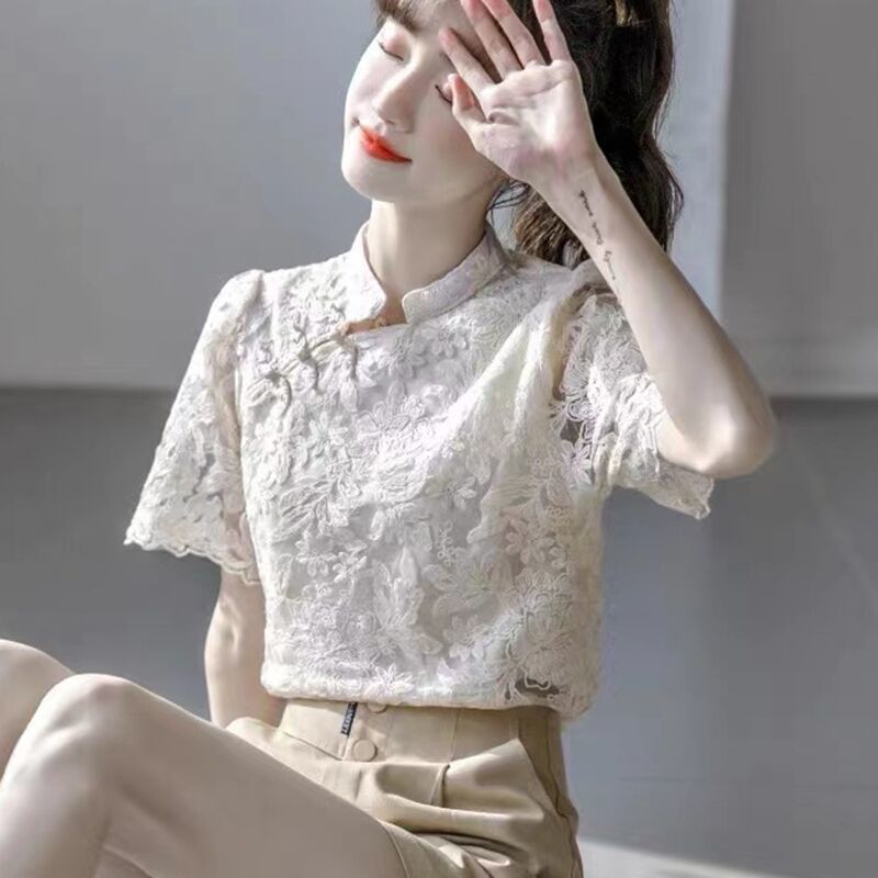 Lace Short-sleeve Blouses Wome - Vintage Fashion In Chinese ulasan dan harga