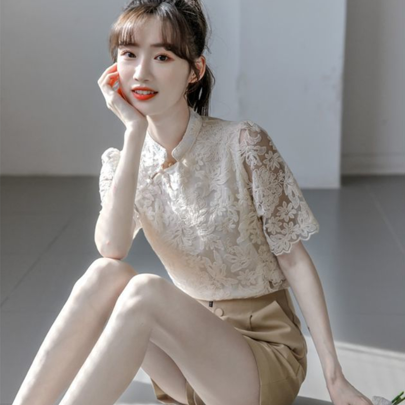 Lace Short-sleeve Blouses Wome - Vintage Fashion In Chinese ulasan dan harga