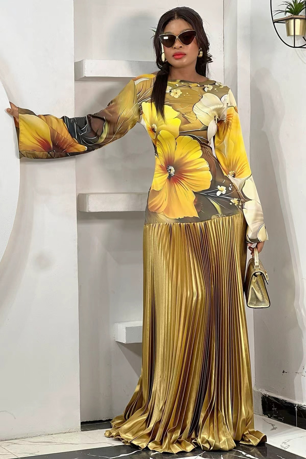 Vintage Print Ruched Maxi Dres - Vintage Y2K ulasan dan harga