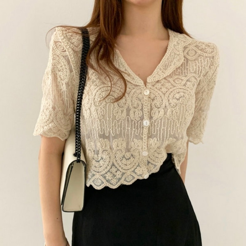 Sheer Embroidery Lace Blouse C - Crochet Top Boho ulasan dan harga