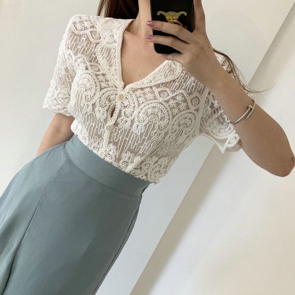 Sheer Embroidery Lace Blouse C - Crochet Top Boho ulasan dan harga