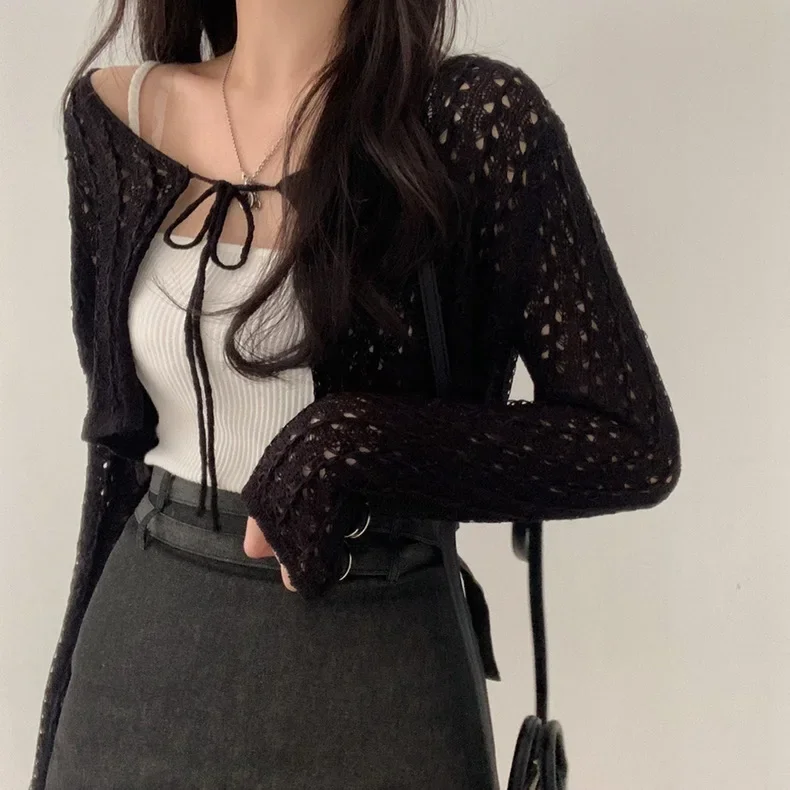 Women Tie Front Crop Cardigan  - Crochet Top Boho ulasan dan harga