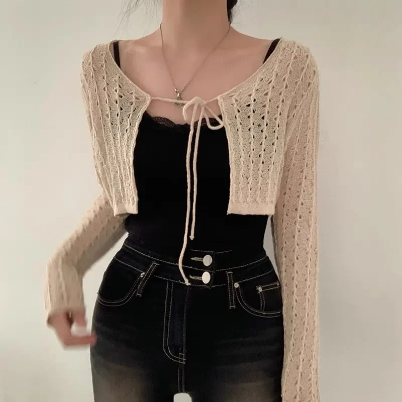 Women Tie Front Crop Cardigan  - Crochet Top Boho ulasan dan harga