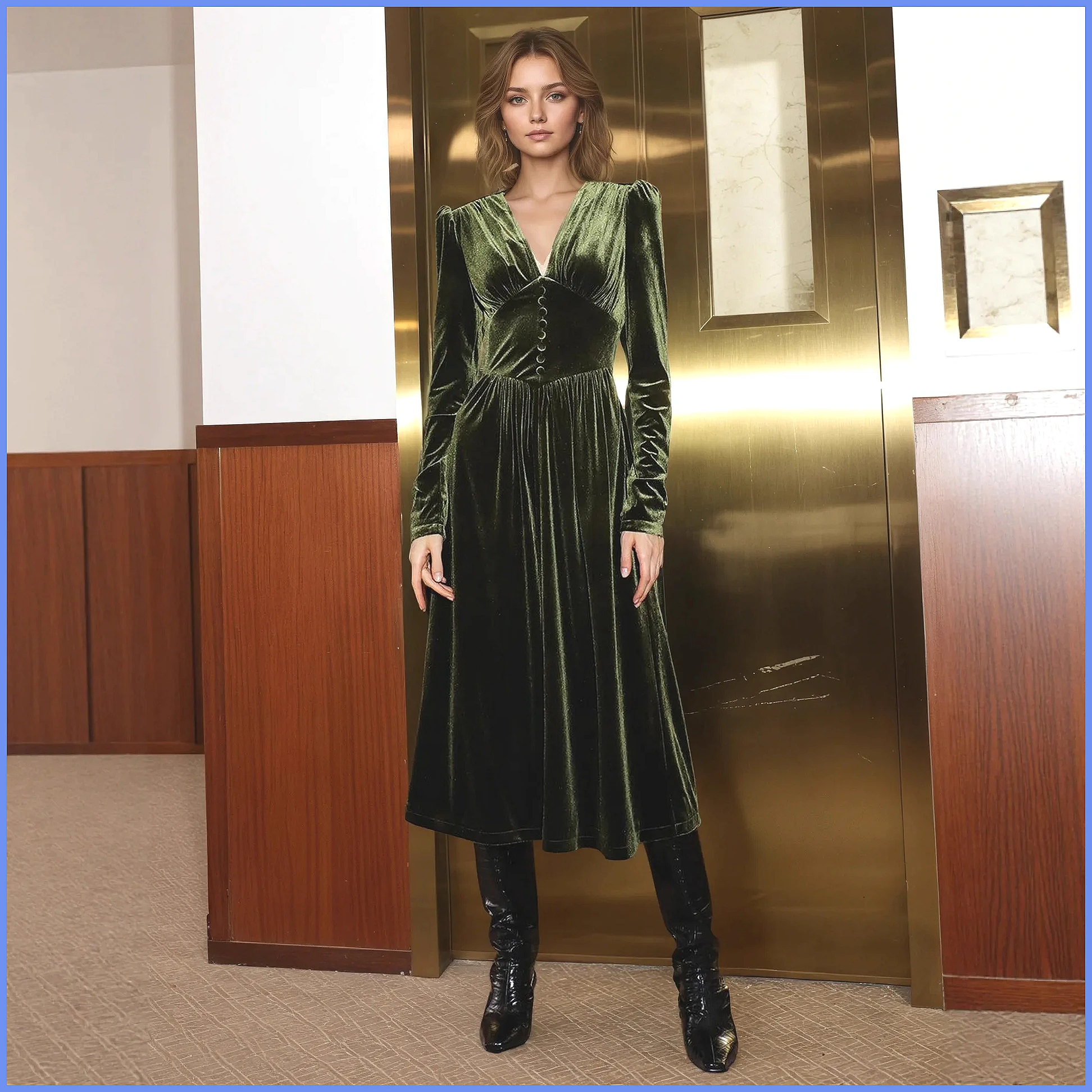 French Vintage Green Velvet V- - Vintage Y2K ulasan dan harga