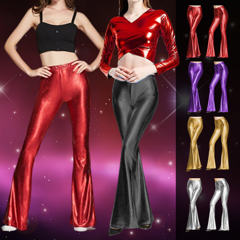 Women Shiny Flare Trousers Met - Wide Leg Trouser 70S ulasan dan harga