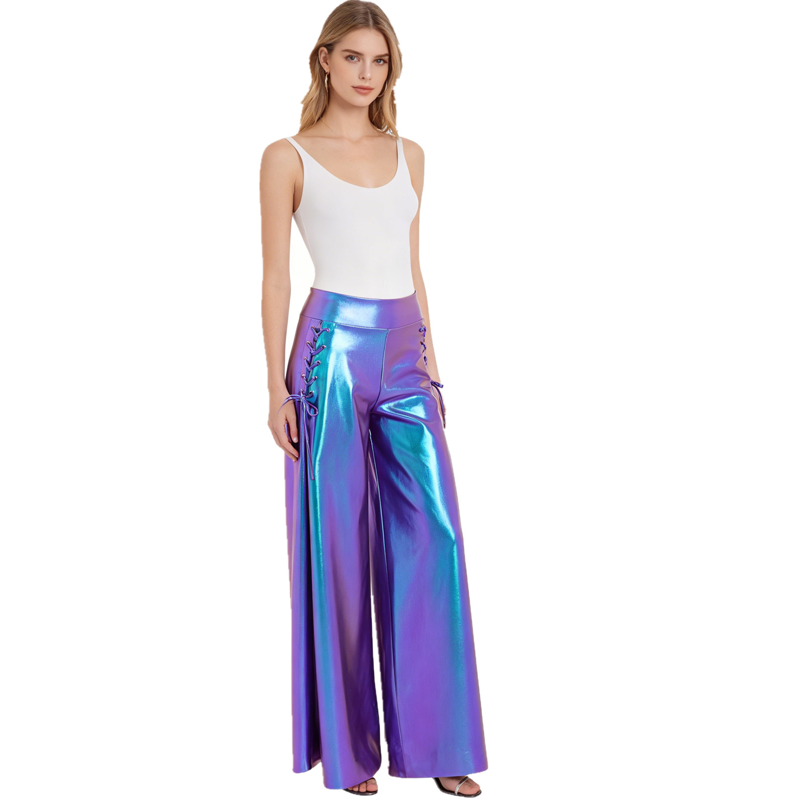Women Fashion Metallic Shiny P - Wide Leg Trouser 70S ulasan dan harga